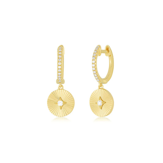 Gold & Diamond Fluted Disc Drop Earrings