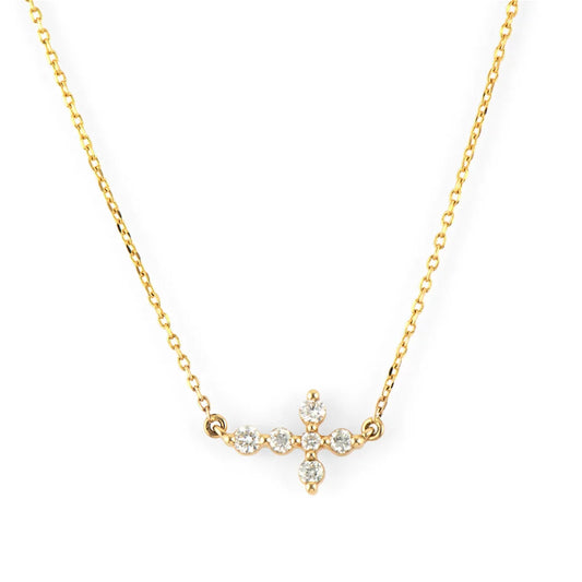 Tiny Prong Set Sideways Diamond Cross Necklace