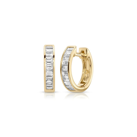 14k Channel Set Baguette Diamond Huggie Earrings