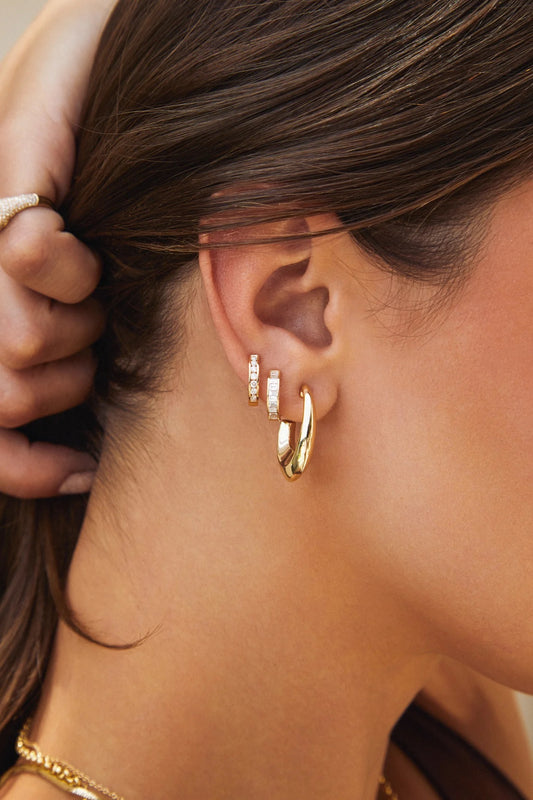 14k Channel Set Baguette Diamond Huggie Earrings