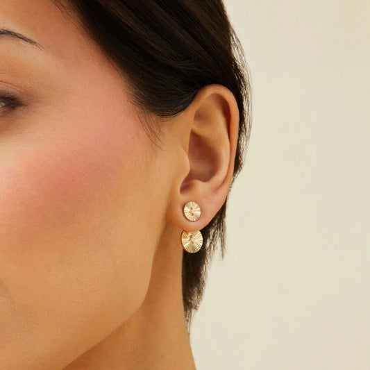 Double Gold & Diamond Fluted Disc Earrings